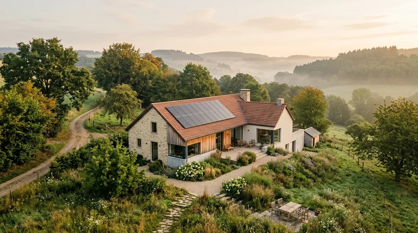 Toiture photovoltaïque sur ferme luxembourgeoise au lever du soleil